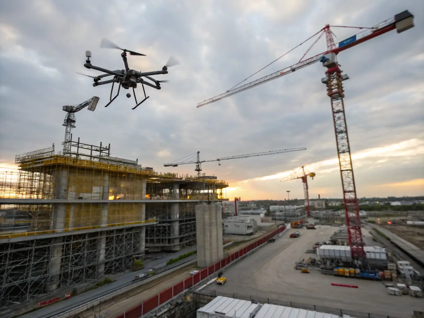 An image showing a drone equipped with lidar scanning technology flying over a construction site, capturing aerial data.
