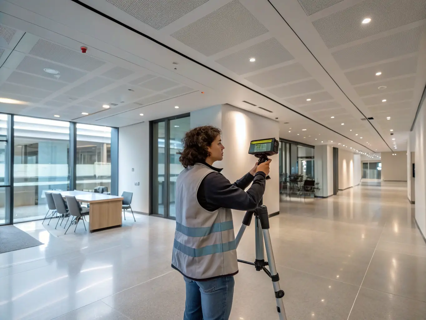 An image showing a technician using a handheld lidar scanner to map the interior of a commercial building.