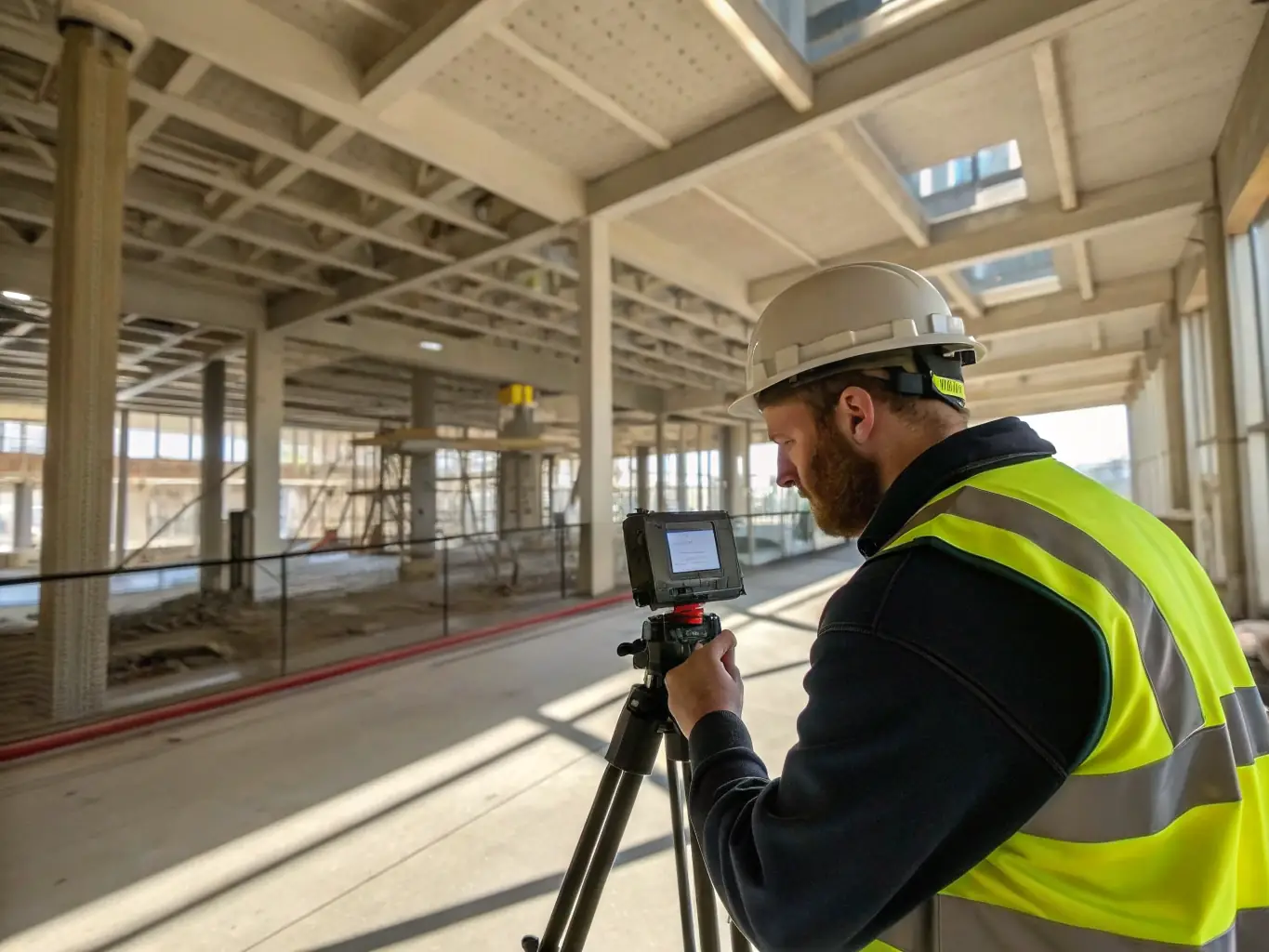 A detailed image of a technician using a terrestrial lidar scanner to capture precise data of a building's facade, highlighting the accuracy and detail of terrestrial scanning.