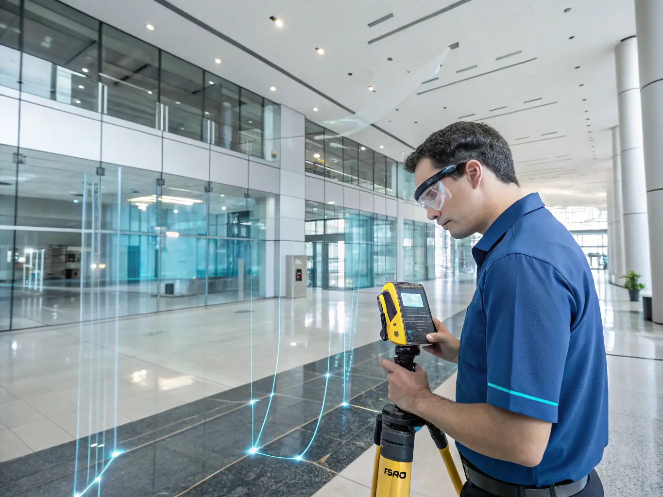 An image showing a technician using a handheld lidar scanner inside a building, capturing interior details for architectural planning and facility management.