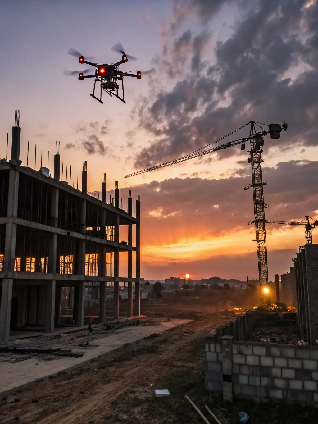 An image showing a drone flying over a construction site with lidar sensors capturing data, used to illustrate Apex Spatial's aerial lidar scanning services.