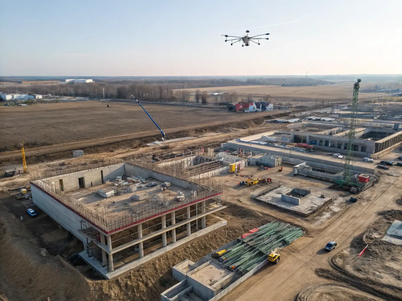 A detailed aerial view of a construction site being scanned by a drone equipped with lidar technology, capturing the progress and spatial data for project management.