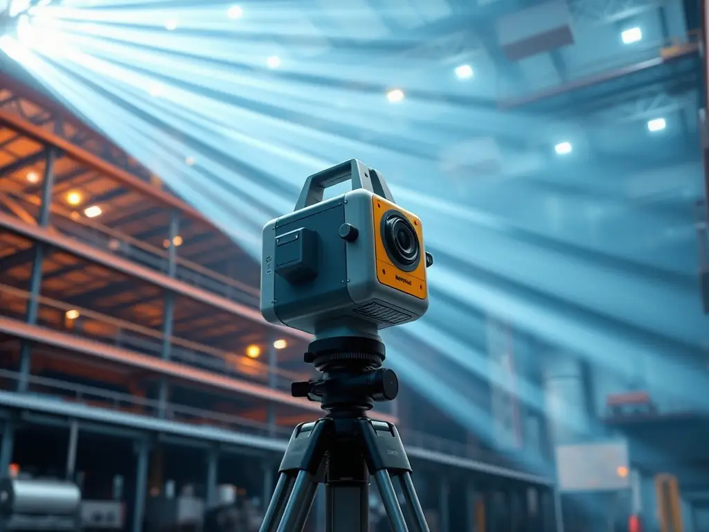 A close-up shot of a terrestrial lidar scanner capturing the intricate details of a historic building's facade, highlighting its architectural features.
