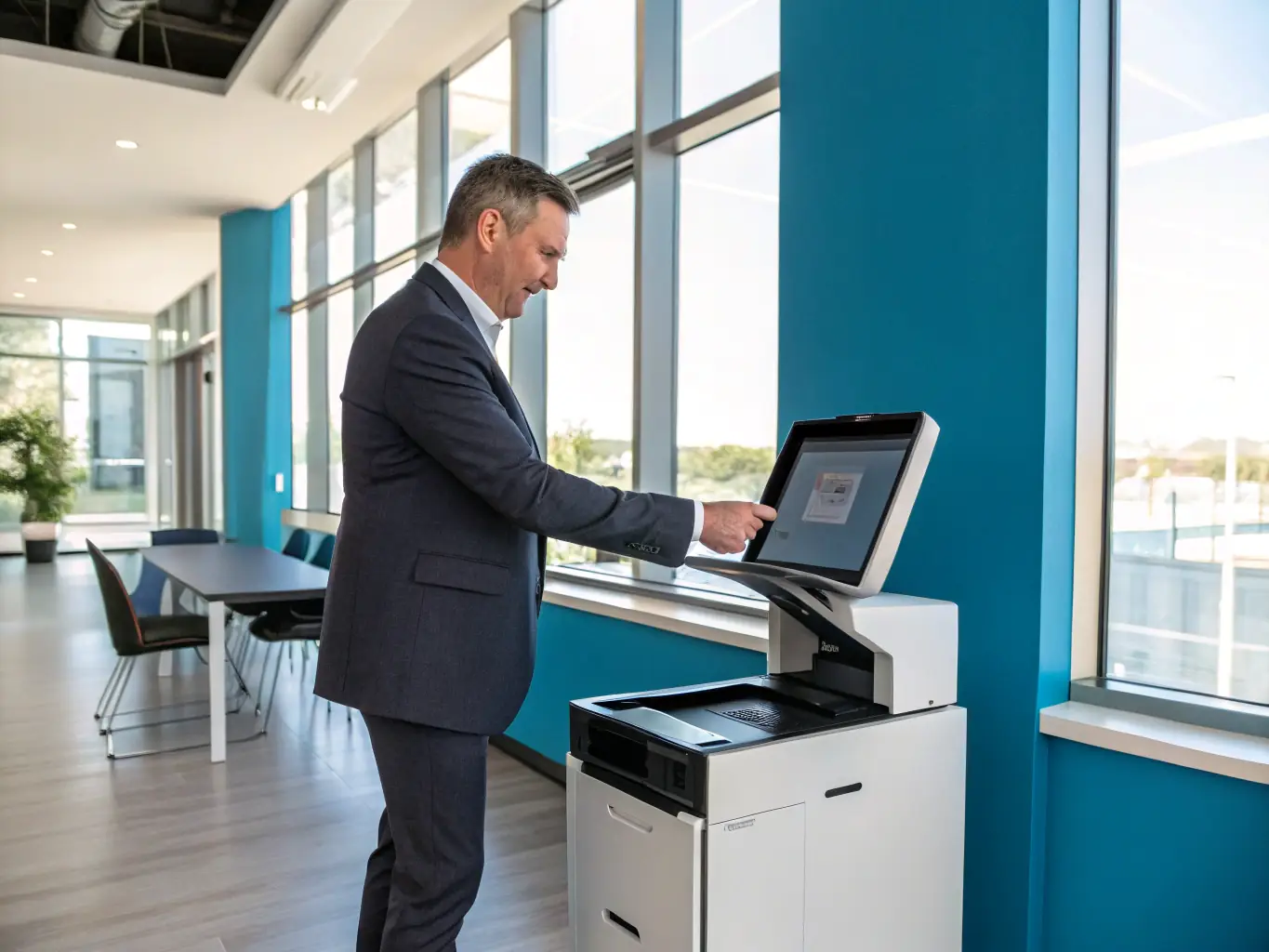An interior shot of a commercial office space being scanned with a handheld lidar device, capturing the layout and dimensions for renovation planning.